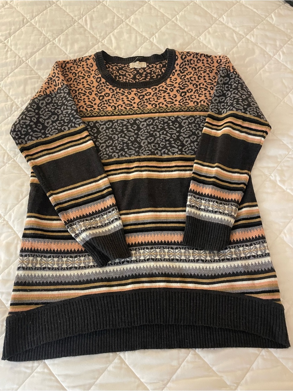 Cupid Women’s L Striped Leopard-Print Long Crewneck Sweater - Black & Tan